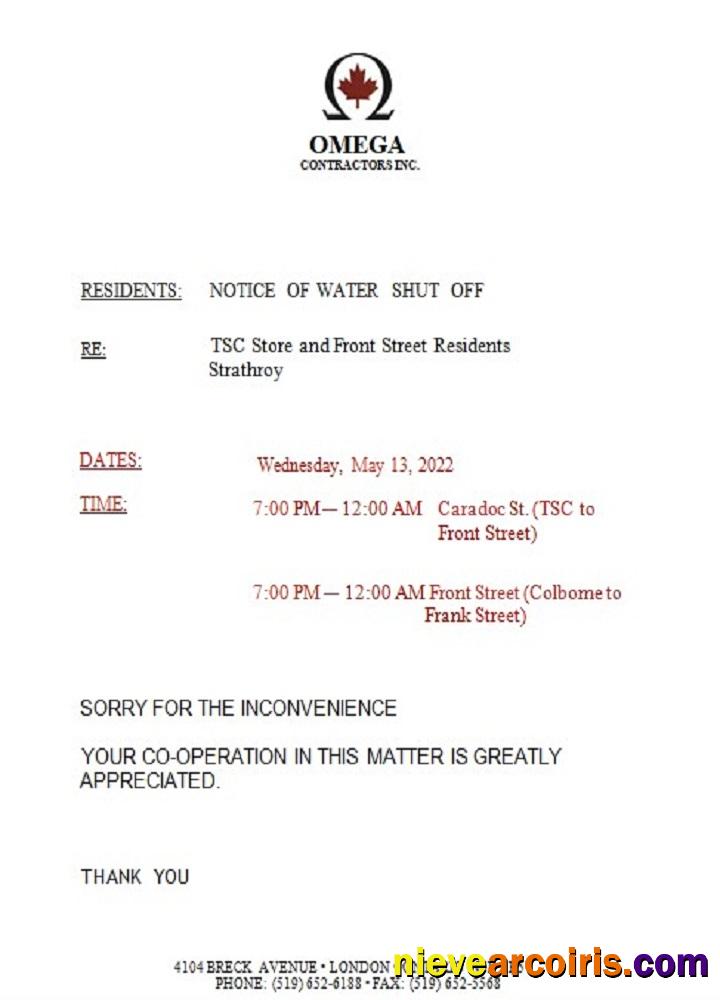Canada Ontario Omega Contractors Inc water utility bill shutoff notice